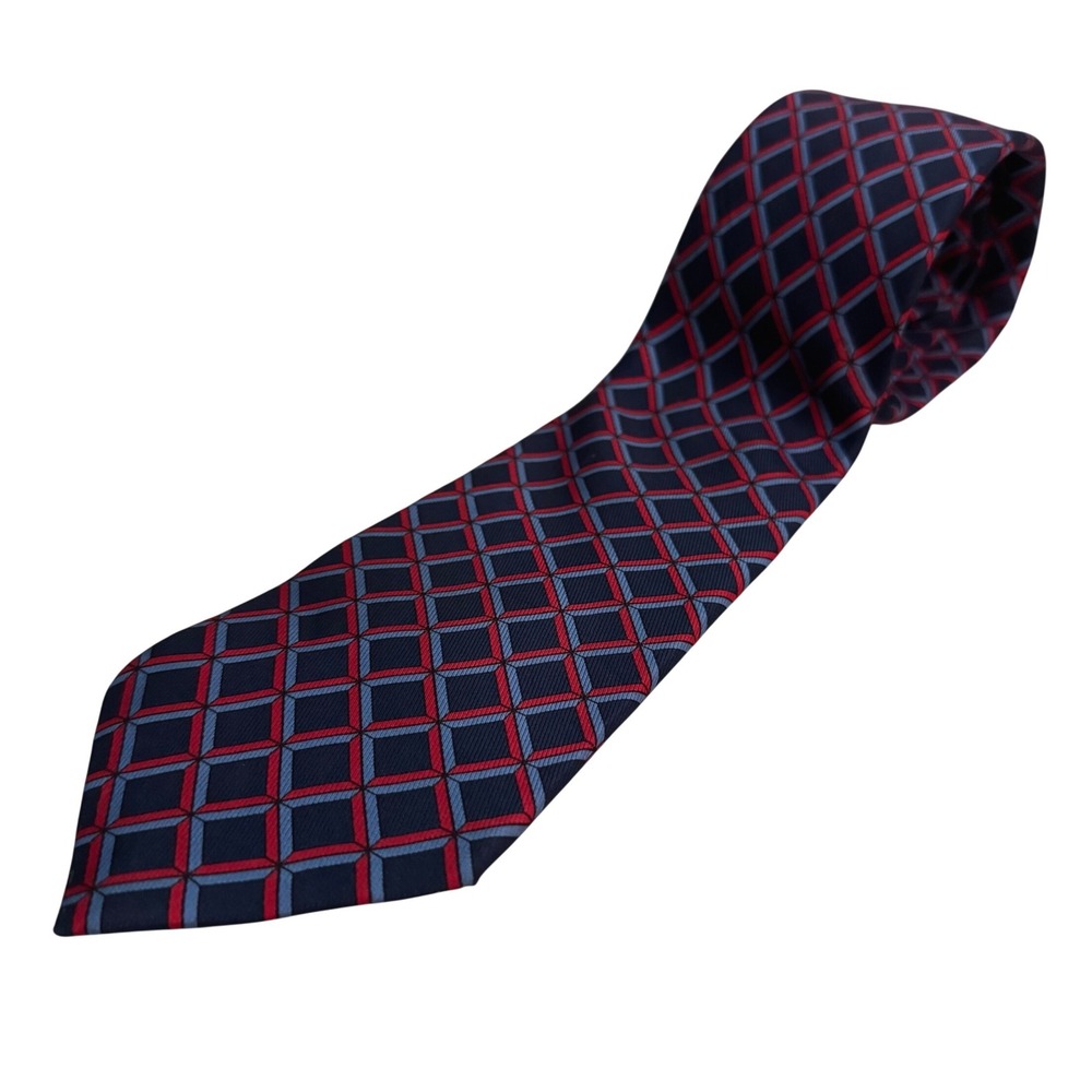 Turnbull & Asser Silk Tie Navy Blue Red Geometric Diamond Hand Made England UK